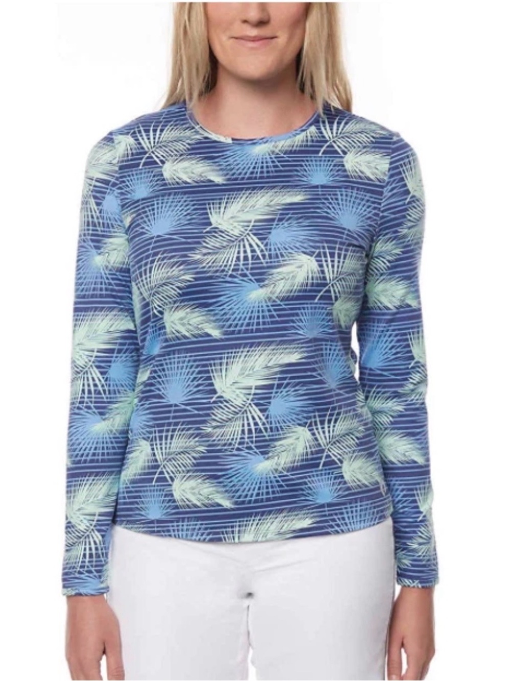 Hang Ten UPF 50 Women's Rash Guard Navy Blue Palm-Print Long Sleeve Top